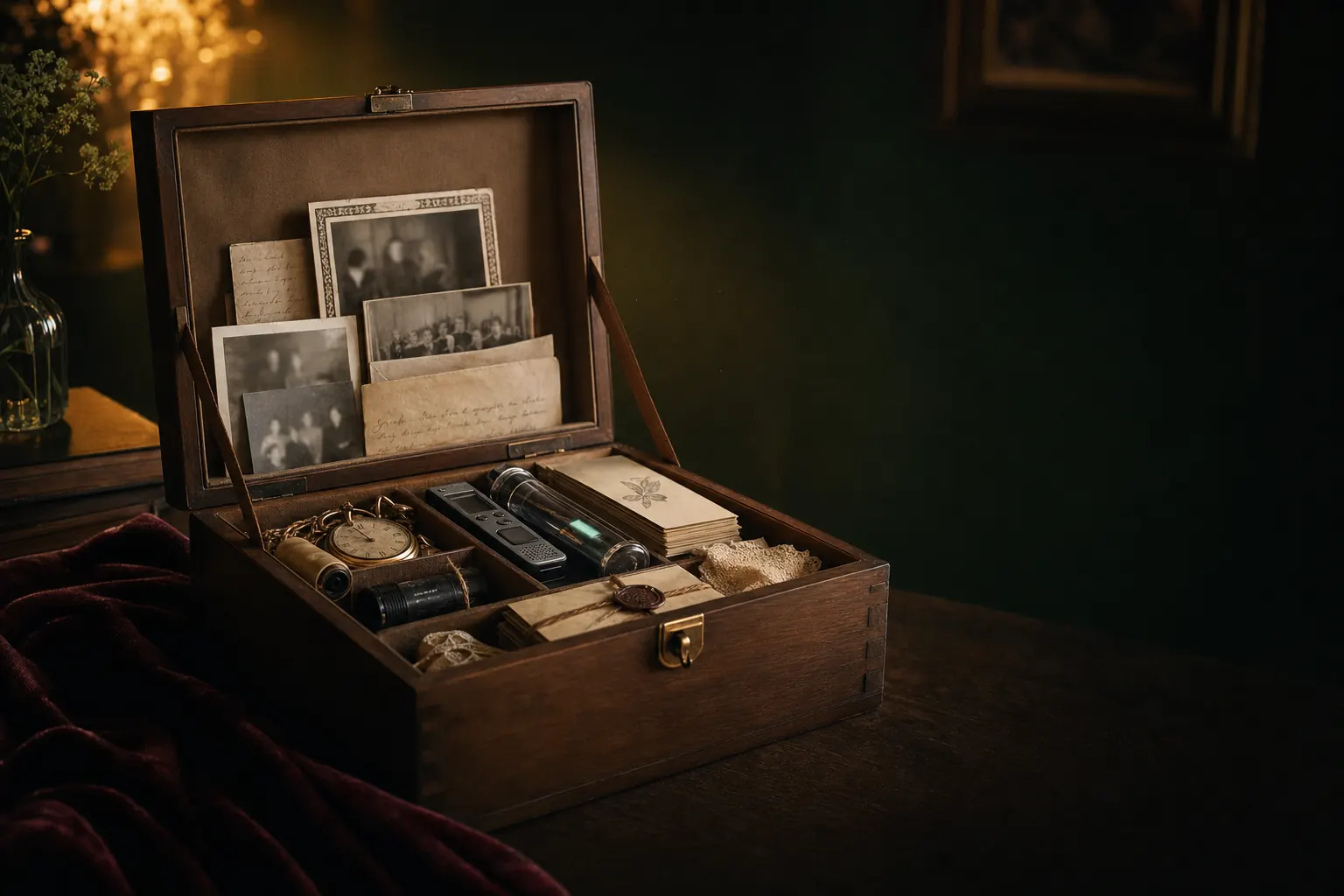 A premium Time Capsule Biography archive with letters, photographs, film, audio, and a modern data keepsake