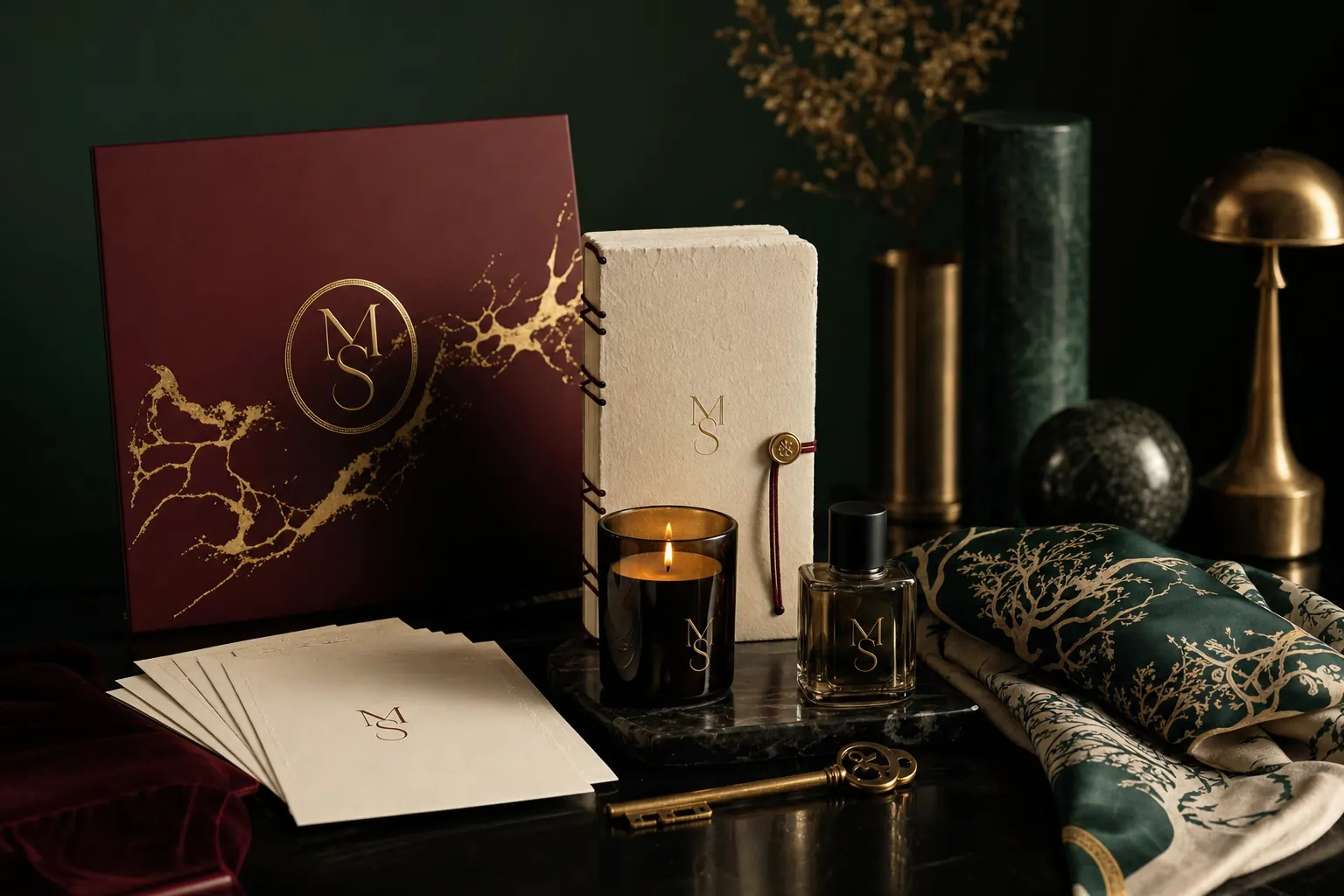Misty Stone collector edition concepts including vinyl, journal, cards, candle, fragrance, key, and silk