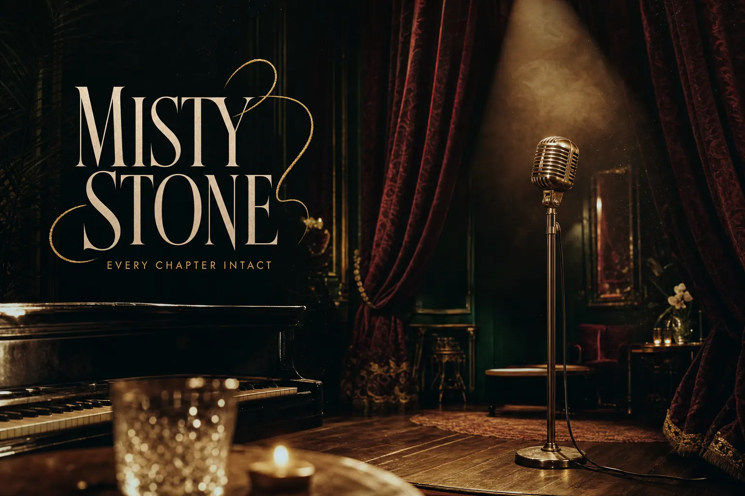 Misty Stone campaign identity in an intimate cinematic performance salon