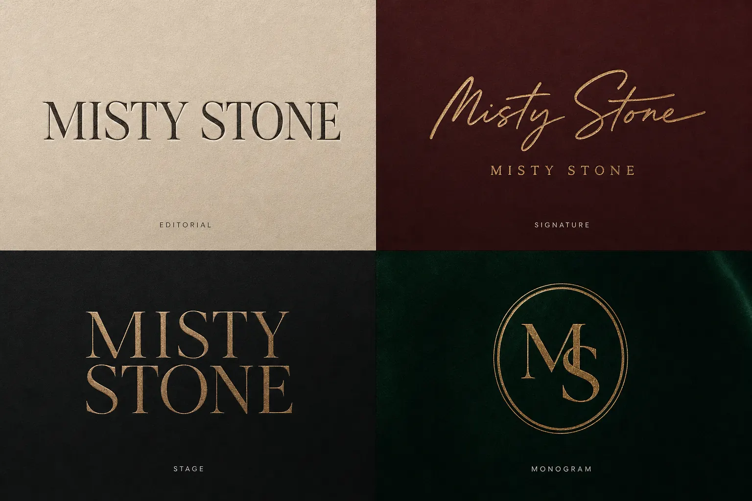 Four generated Misty Stone brand identity directions: editorial, signature, stage, and monogram