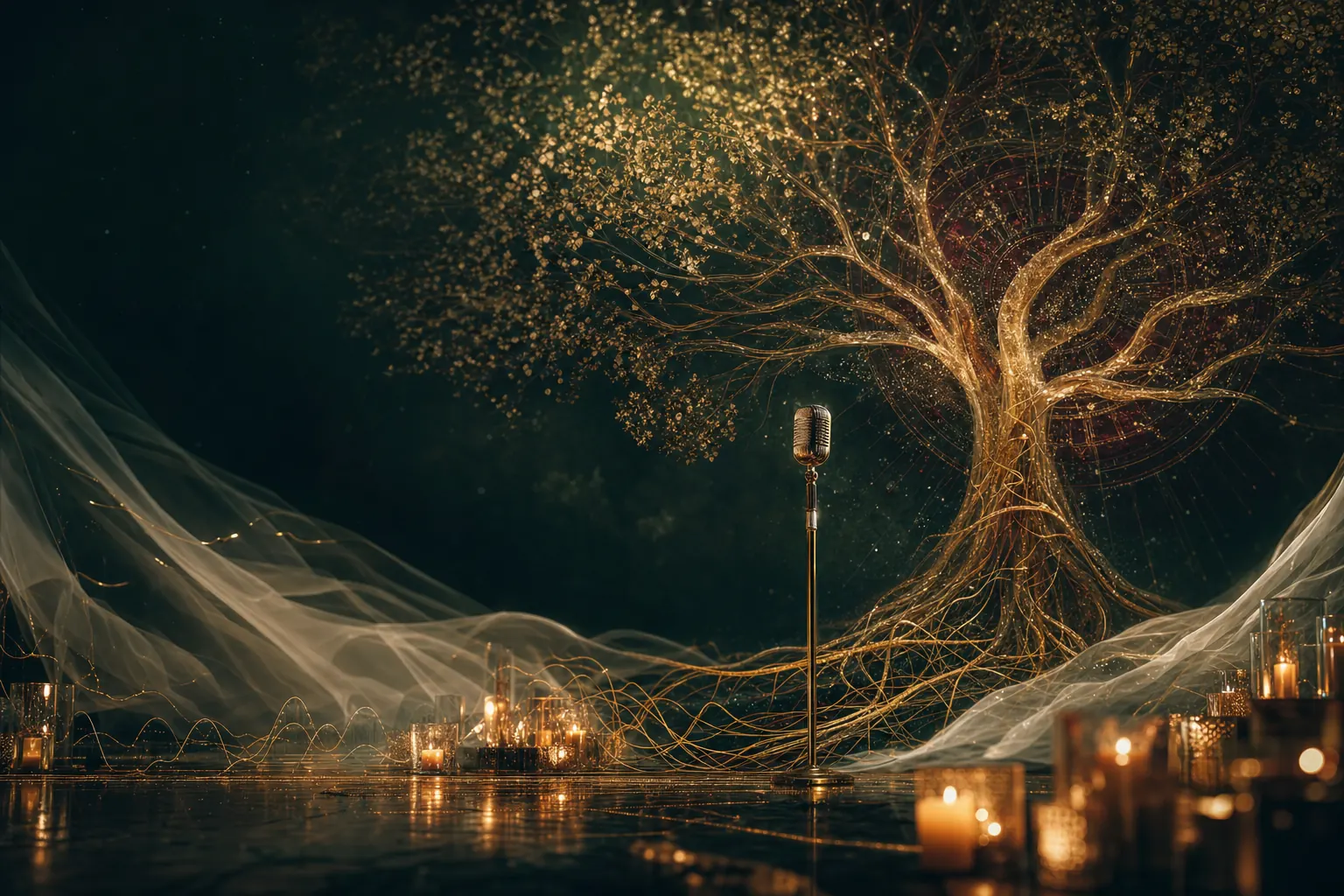 A cinematic stage with a luminous branching tree and vintage microphone