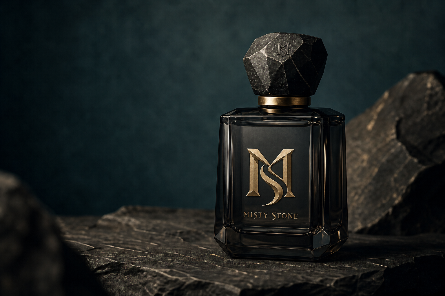 Misty Stone fragrance concept in smoked glass and antique brass