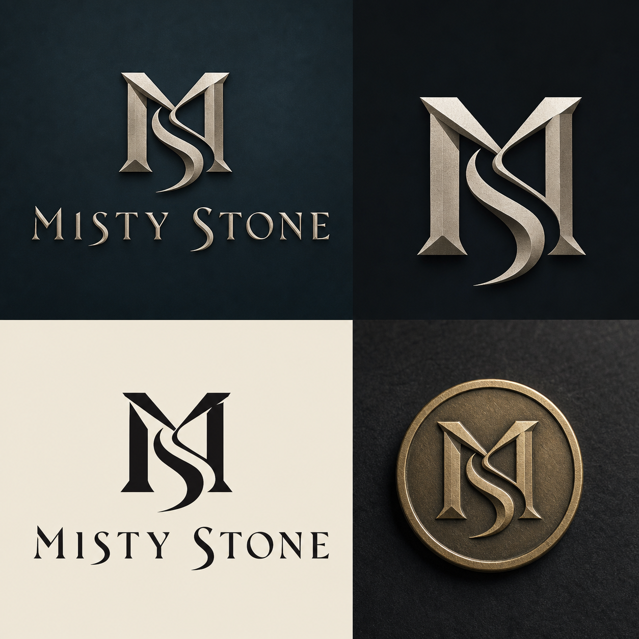 Misty Stone identity direction with MS monogram, wordmark, one-color mark, and antique-brass seal